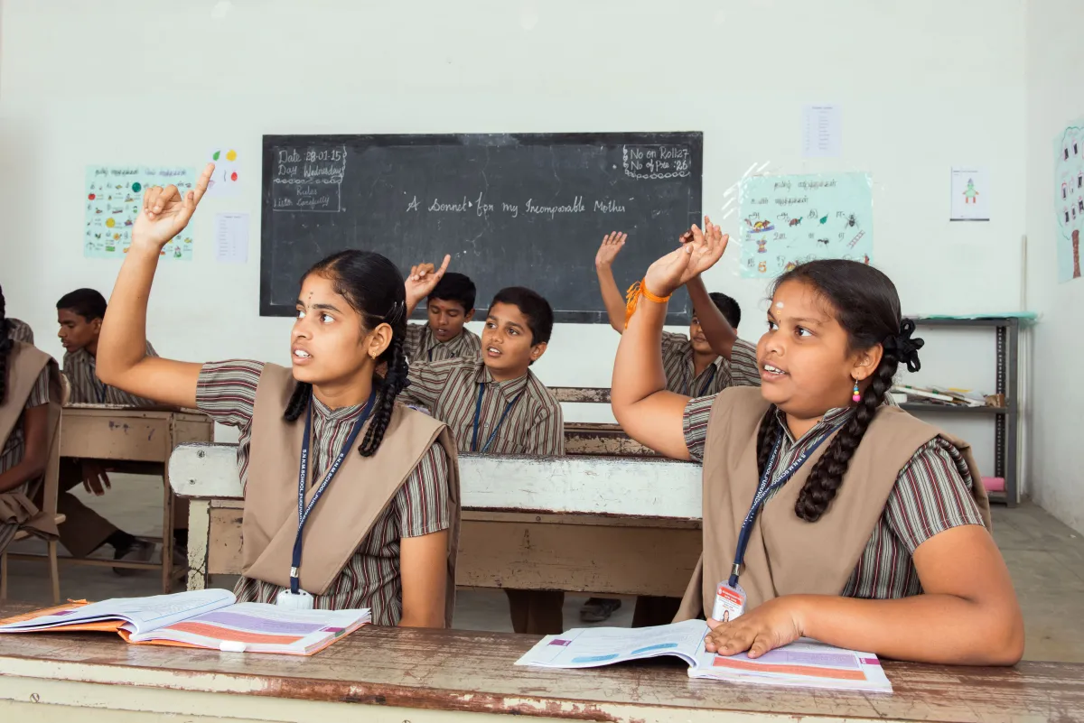 Students eagerly raising hands in class